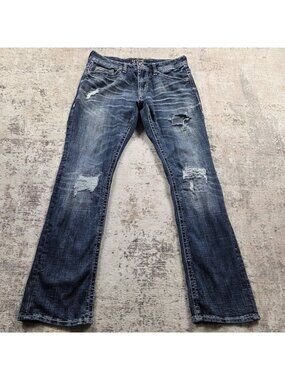 Salvage Jeans Men's 30x32 Mayhem Straight Distressed Dark Wash Embroidered